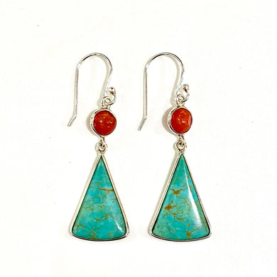 Sterling Silver Turquoise and Coral Triangle Drop Earrings