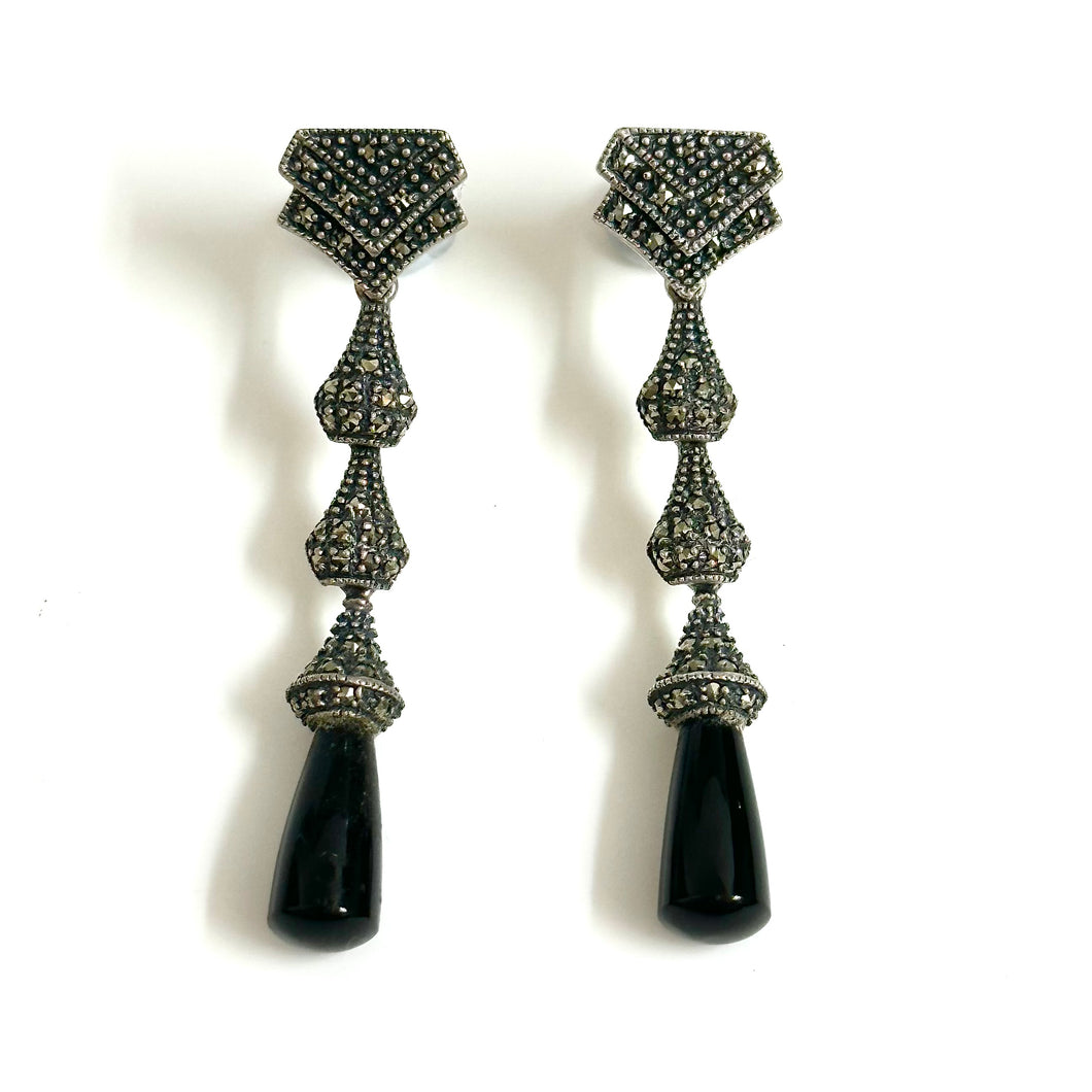 Sterling Silver Marcasite and Black Onyx Stud Drop Earrings