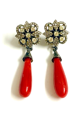 Rhodium Plated Diamond and Coral Drop Earrings