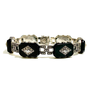 Sterling Silver Marcasite, Black Onyx and Rock Crystal Bracelet