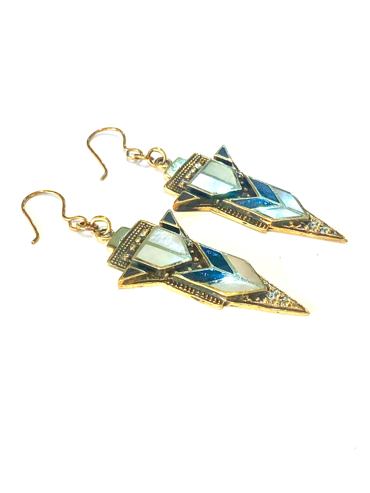 Brass Mother of Pearl and Black Enamel Earrings