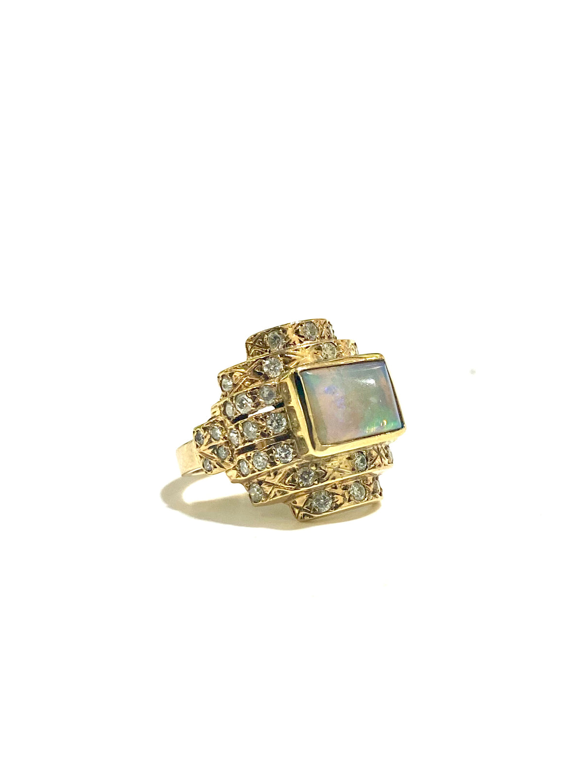 9ct Yellow Gold White Opal and Diamond Ring