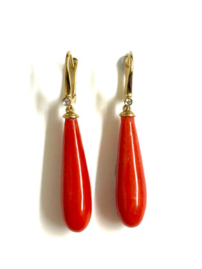 9ct Yellow Gold Momo Coral and Diamond Drop Earrings