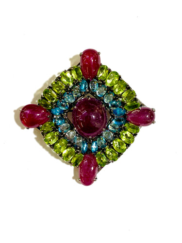 Peridot, Blue Topaz and Ruby Gemstone Brooch with pendant option