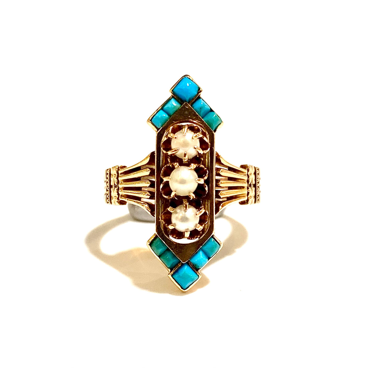 Antique 14ct Rose Gold Turquoise and Seed Pearl Etruscan Style Ring