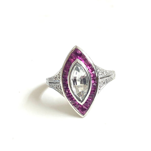 9ct White Gold Aquamarine and Ruby Ring