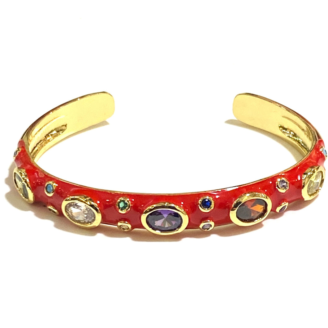 Red Enamel, Crystal and Brass Cuff
