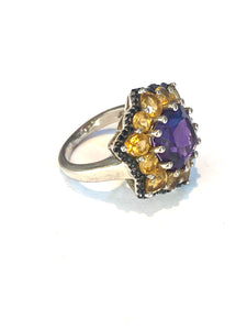 Sterling Silver Amethyst, Citrine and Marcasite Ring