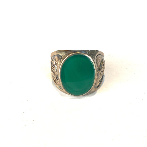 Sterling Silver Green Onyx Engraved Band Ring