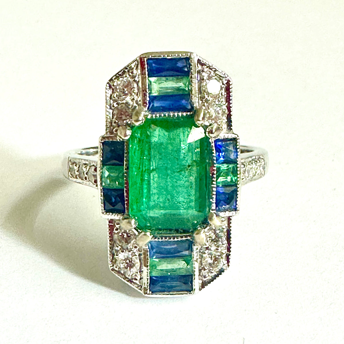 9ct White Gold Diamond, Emerald and Sapphire Ring