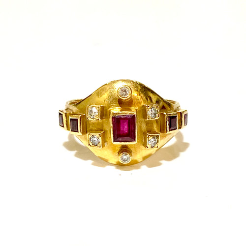 18ct Yellow Gold Ruby and Diamond Etruscan Style Ring