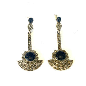 Sterling Silver Onyx and Marcasite Drop Earrings