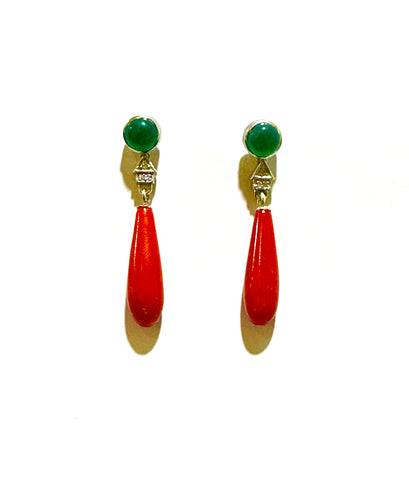 9ct White Gold, Cabochon onyx, green diamond and Coral drop earrings