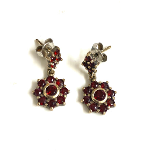 Antique 9ct Yellow Gold Floral Garnet Earrings