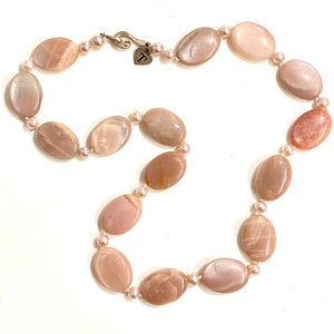 Sterling Silver Pink Moonstone and Pearl Necklace