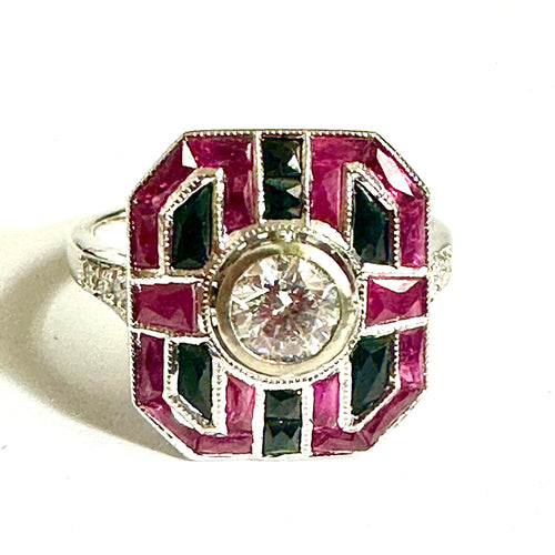 9ct White Gold Diamond, Ruby and Onyx Ring