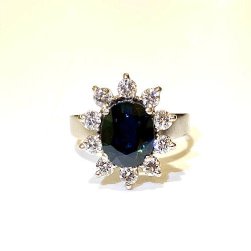 18ct White Gold Teal Sapphire and Diamond Ring