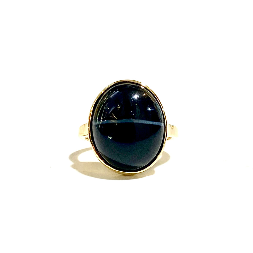 9ct Yellow Gold Banded Black Onyx Cabochon Ring