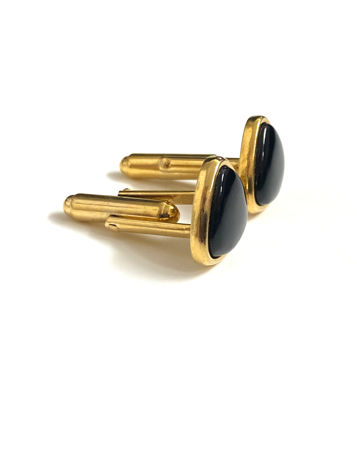 Sterling Silver Gold Plate and Black Cabochon Onyx Triangle Cufflinks