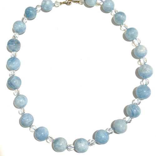 Aquamarine and Rock Crystal Beaded Necklace with Sterling Silver Clasp