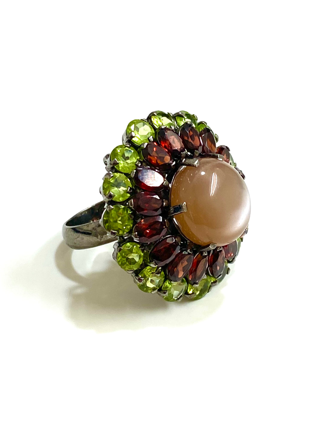 Sterling Silver Black Rhodium Plate Moonstone Garnet and Peridot Ring