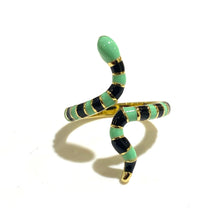 Green and Black Enamel and Brass Snake Ring