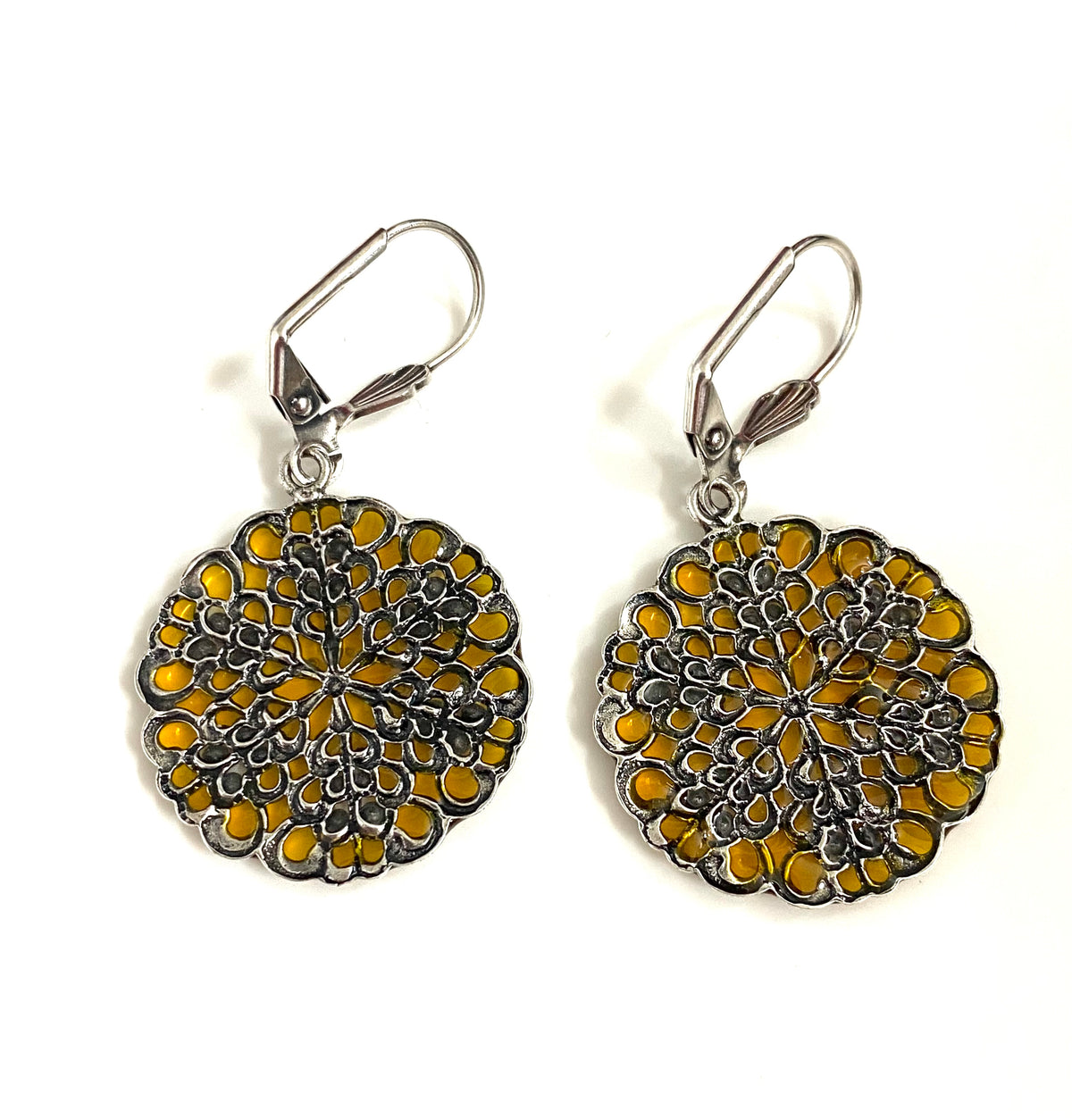 Sterling Silver Yellow Enamel Round Earrings