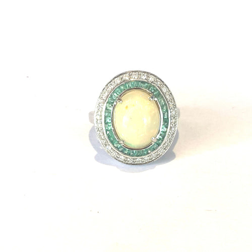 9ct White Gold Opal, Diamond and Emerald Ring