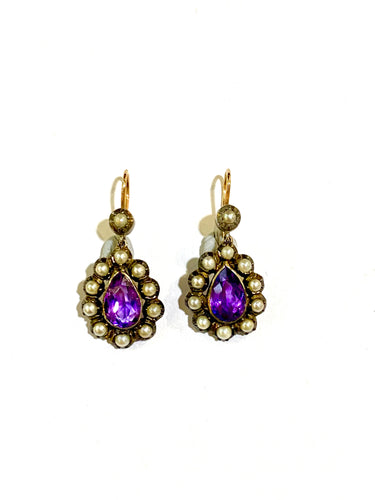 Amethyst and Seed Pearl Drop Earrings Antique