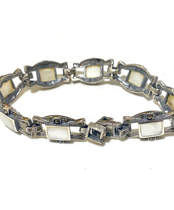 Sterling Silver Marcasite Mother of Pearl Inlaid Bracelet