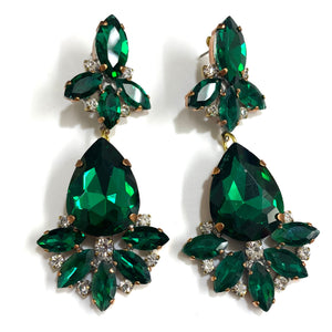 Green and White Crystal Drop Earrings