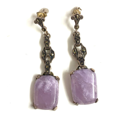Sterling Silver Square Lavender Jade and Marcasite Earrings