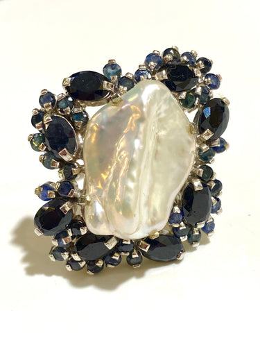 Sterling Silver Baroque Pearl and Sapphire Ring