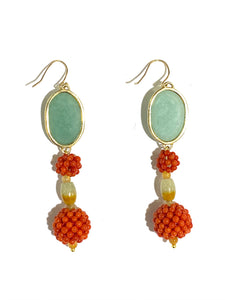 Natural Woven Momo Coral and Cabochon Jade Drop Earrings