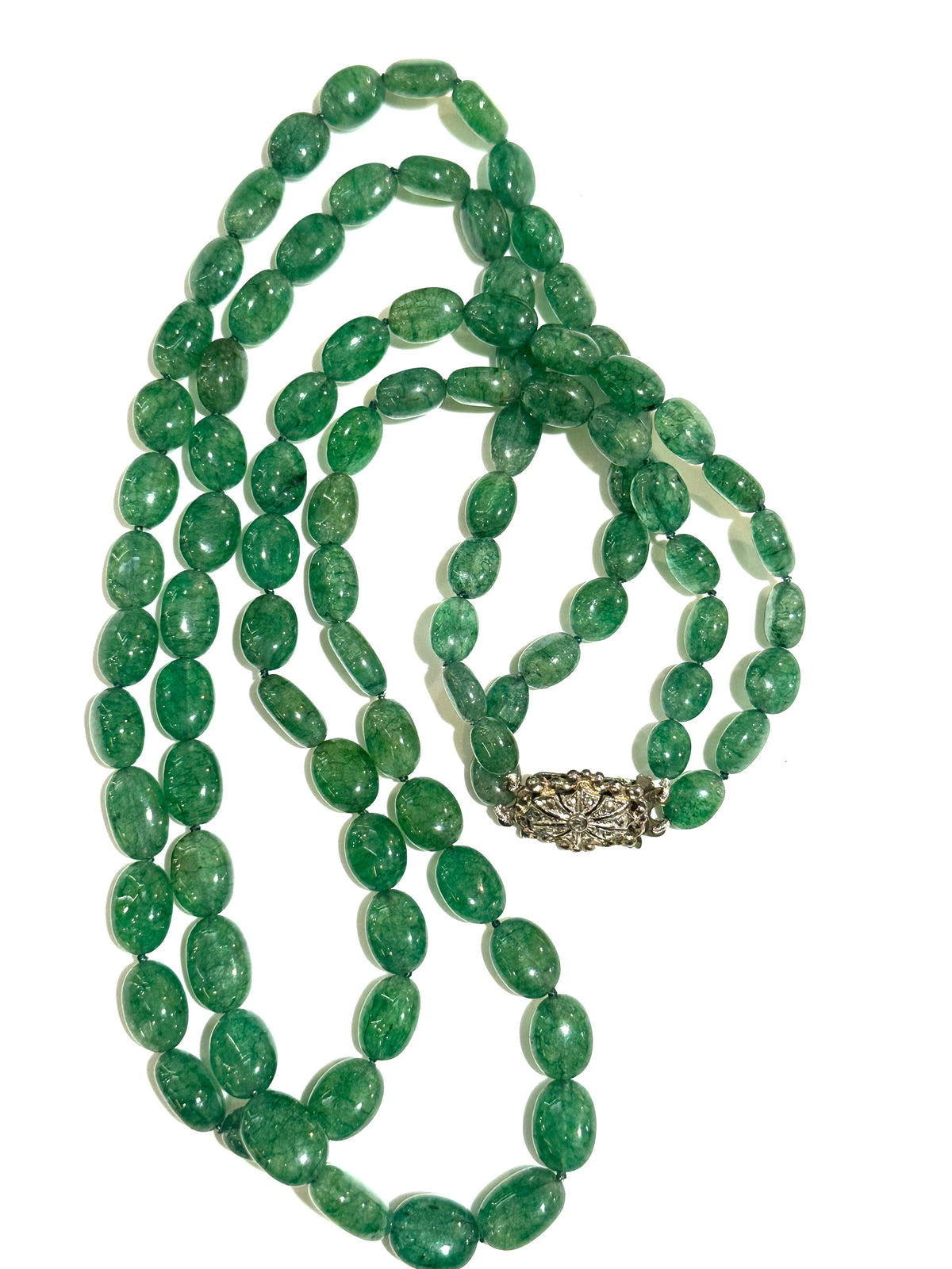 Natural Emerald Two-Strand Beaded Necklace with White Gold Clasp