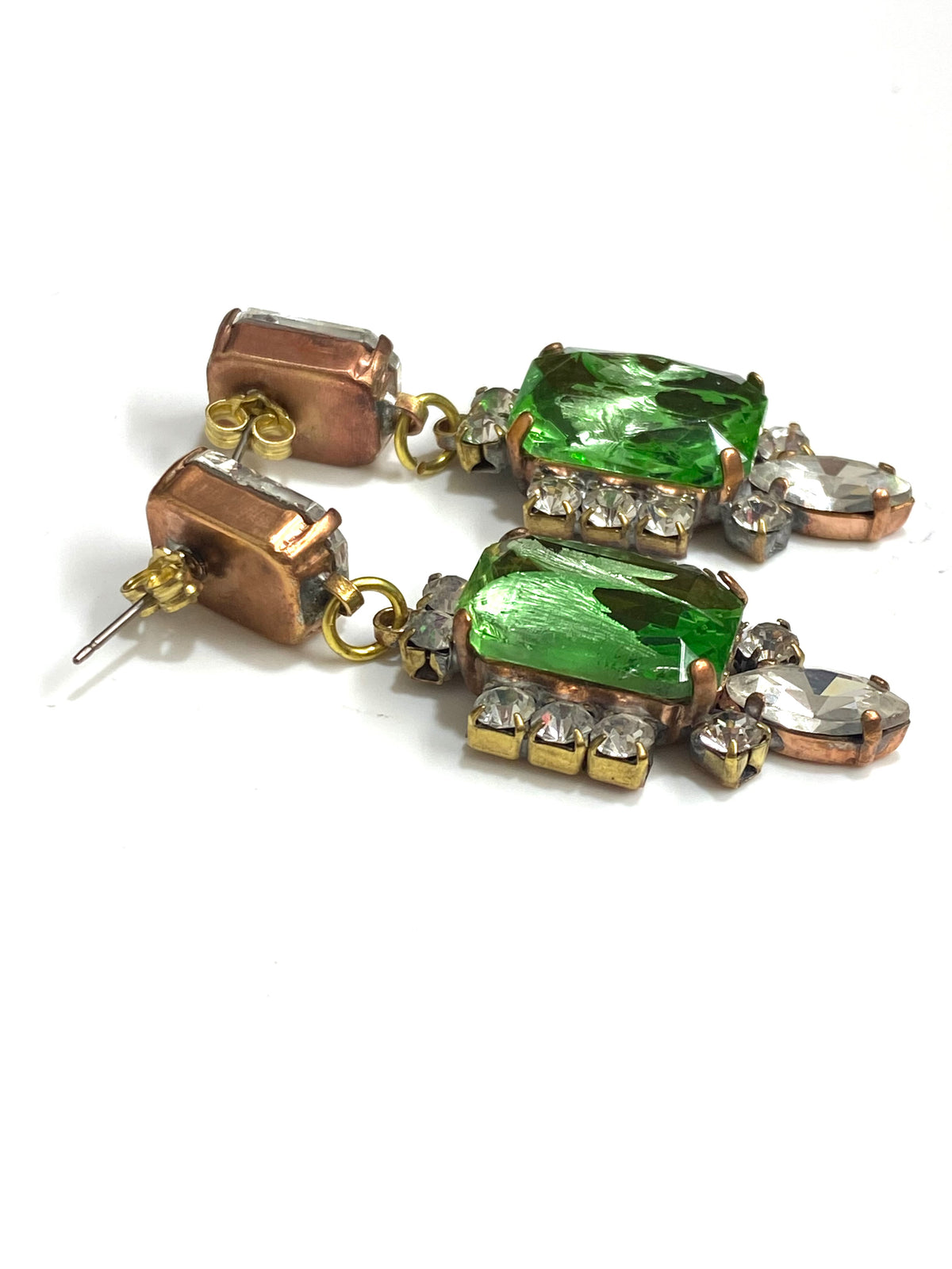 Green and White Crystal Drop Earrings
