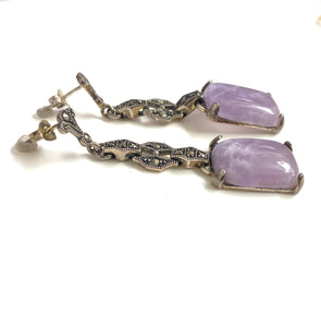 Sterling Silver Square Lavender Jade and Marcasite Earrings