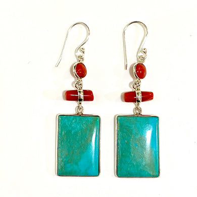 Sterling Silver Coral and Turquoise Rectangular Earrings