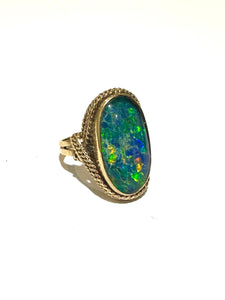 9ct Gold Black Opal Doublet Ring with Red Flashes