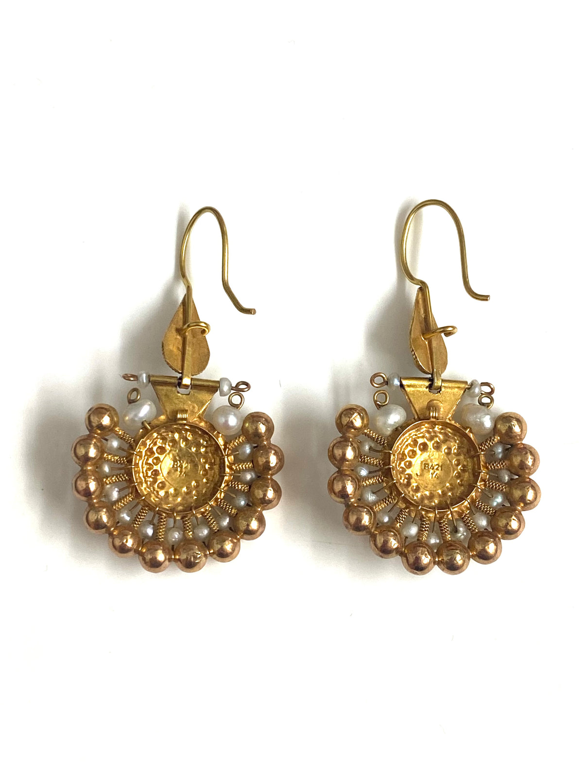 14ct yellow Gold Seed Pearl and Turquoise Etruscan Earrings
