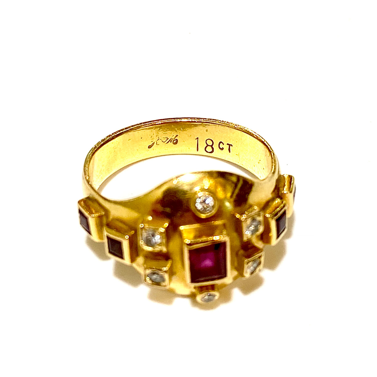 18ct Yellow Gold Ruby and Diamond Antique Etruscan Style Ring