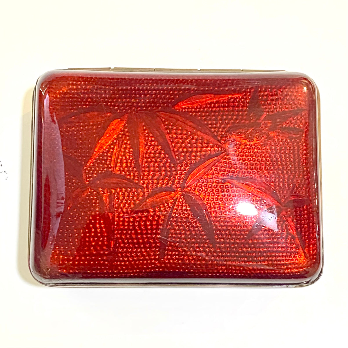 Silver Plated Ginbari Red Pidgeon’s Blood Enamel Bird and Bamboo Leaf Inaba Box