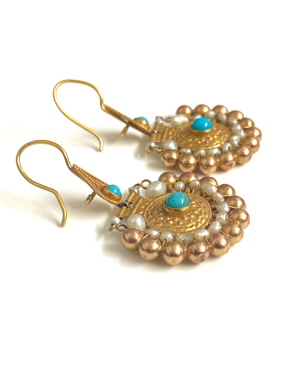 14ct yellow Gold Seed Pearl and Turquoise Etruscan Earrings