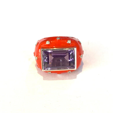 Sterling Silver Enamel, CZ and Amethyst Ring