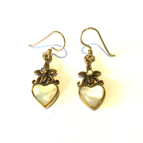 Brass Mother of Pearl Heart Earrings