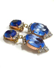 Blue and White Crystal Clip On Drop Earrings