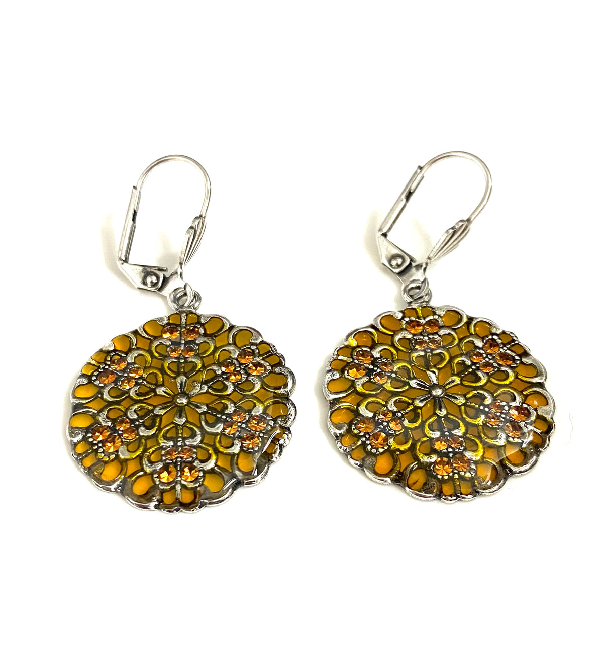 Sterling Silver Yellow Enamel Round Earrings