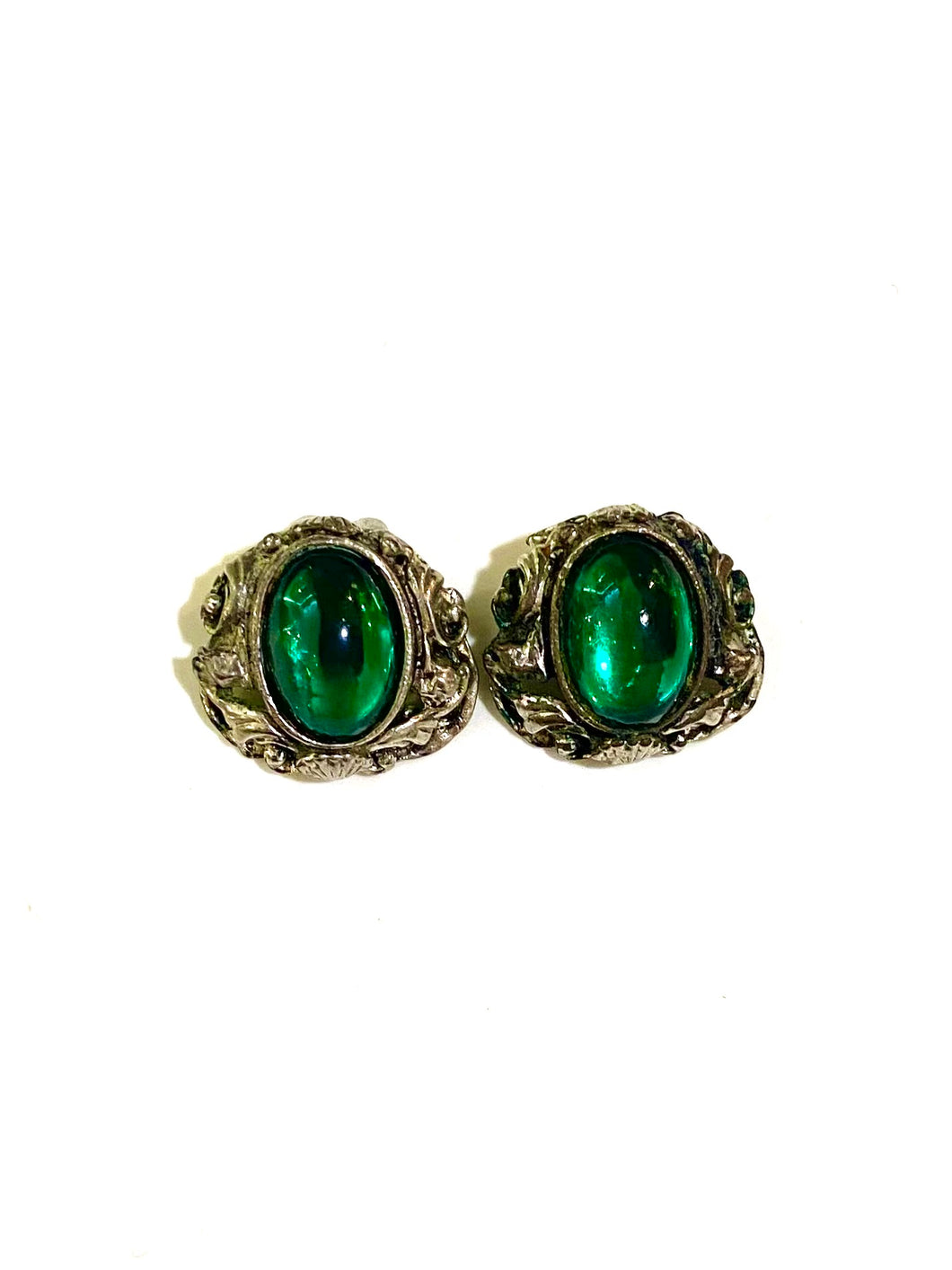 Silver Tone Costume Green Clip On Earrings