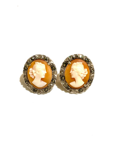 Sterling Silver Cameo & Marcasite Antique Stud Earrings