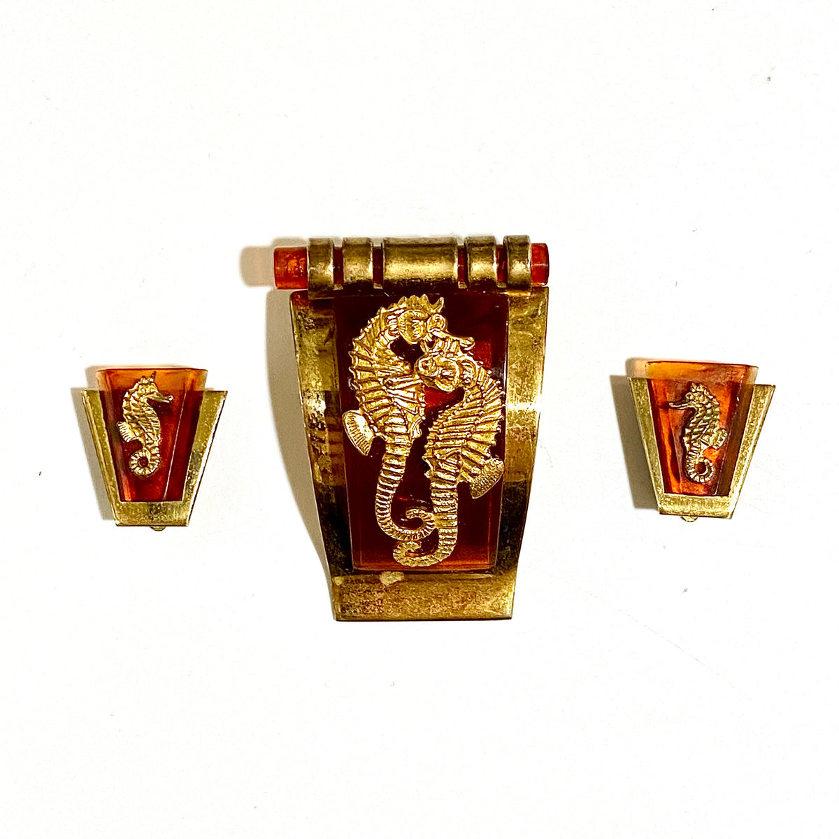 Set of Vintage Costume Seahorse Motif Dress Clip and Earrings